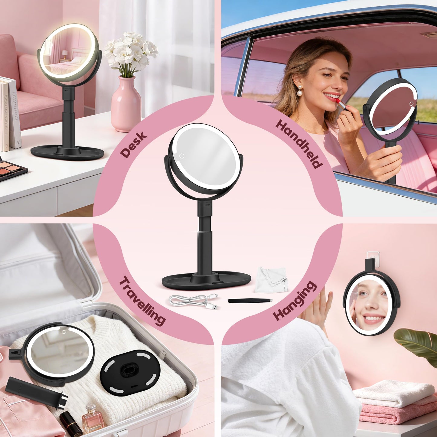 MOMOKUBA Makeup Mirror with Lights, 30X Magnifying & Height Adjustable, Lighted Magnifying Mirror with 3 Light Modes & Stepless Dimming, Vanity Mirrors for Bathroom, Birthday Gift for Women, Rosegold