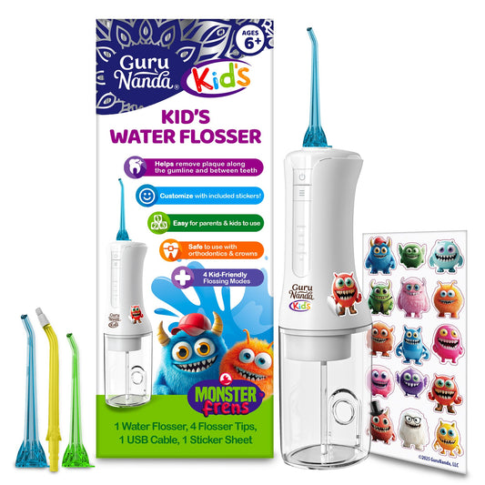 GuruNanda Kids Water Flosser – Portable Oral Irrigator for Children Ages 6+, 4 Gentle Modes, 4 Nozzles, 2-Min Smart Timer, Cordless, BPA-Free, Monster Frens Theme Kids Floss for Braces, Sensitive Gums