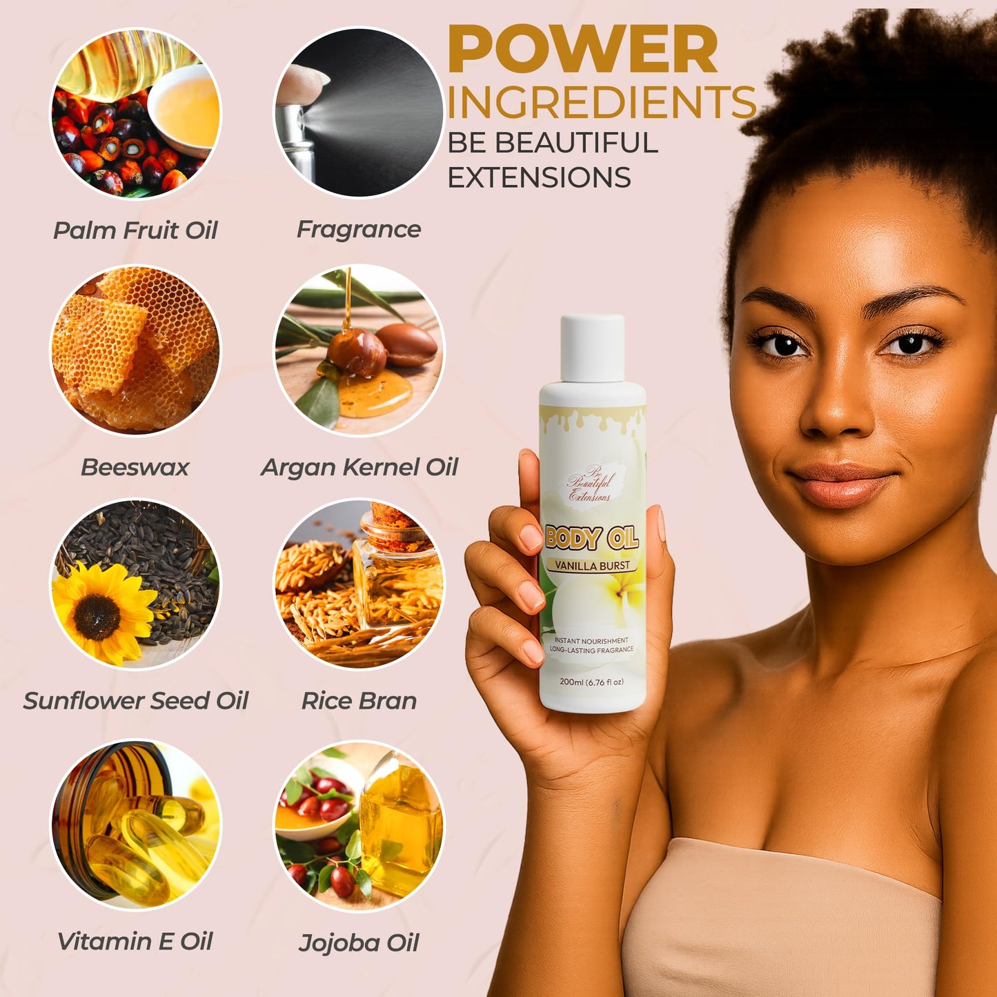 Body oil designed for Deep Hydration to nourish, protect, and rejuvenate the skin while leaving it with a soft, radiant glow and a vanilla scent long -lasting fragrance jojoba oil and more 6.76oz