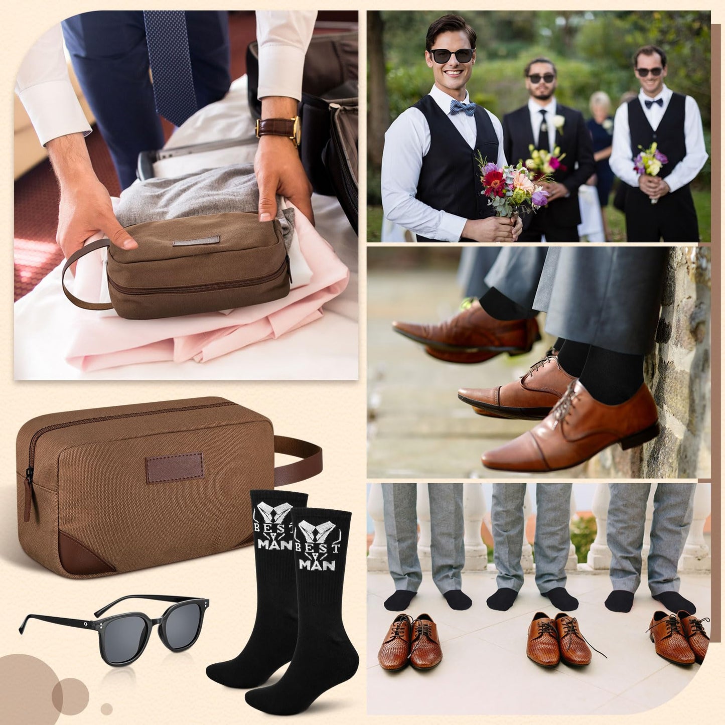 SilTriangle 18 Pcs Wedding Groomsmen Gifts Set Include Pcs Men Toiletry Bags Pairs Cotton Groomsmen Socks Pairs of Sunglasses for Wedding Proposal Gifts Bachelor Party Travel Kit(Brown)