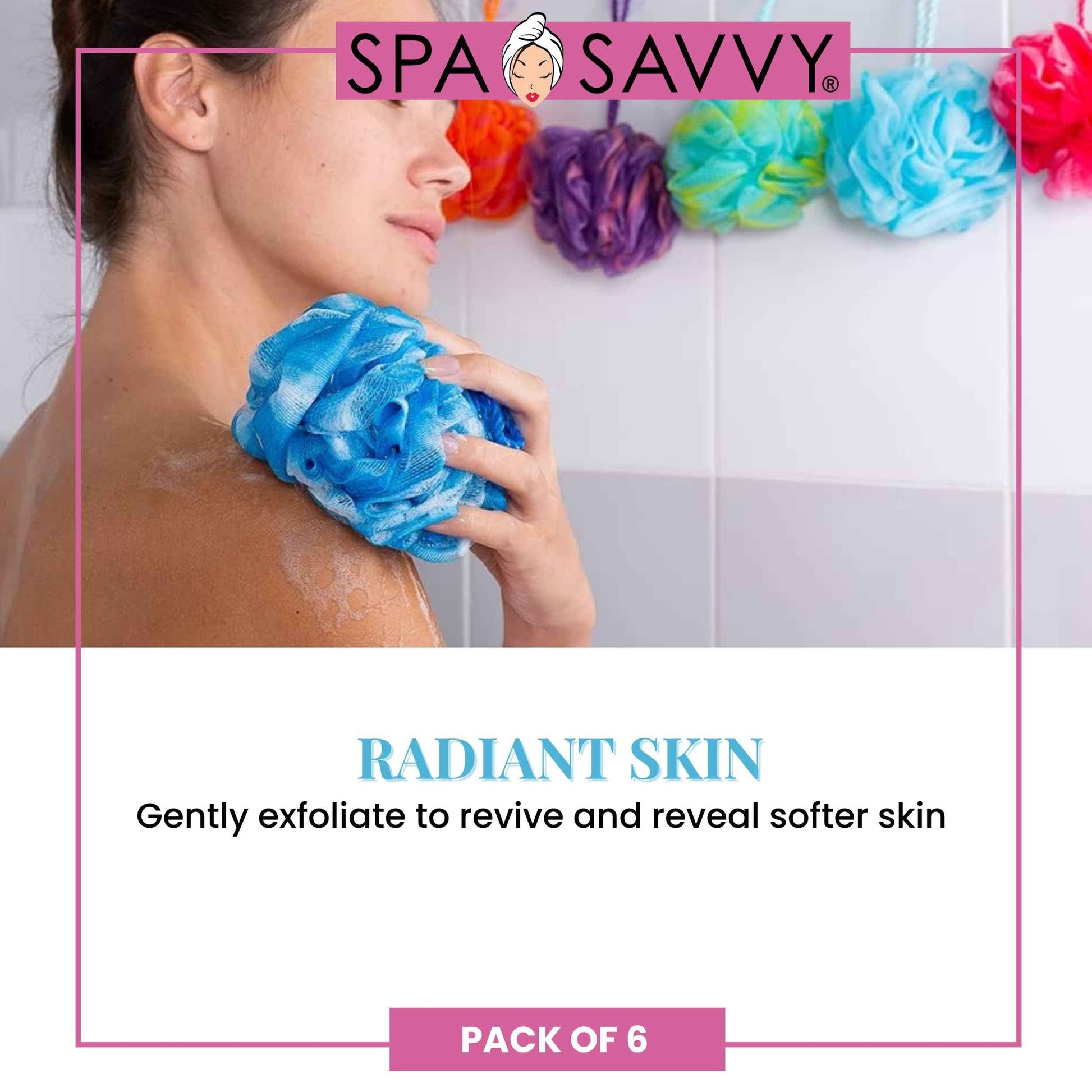 Spa Savvy Bath Loofah Set, 6 Pack Shower Pouf Body Sponges with Suction Cups, Exfoliating Bath Accessories for Men and Women, Multicolor