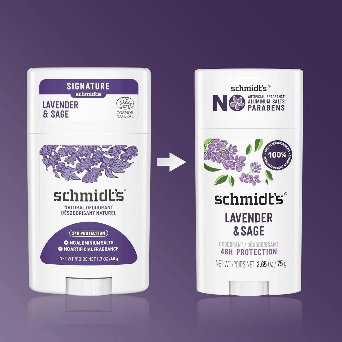 Schmidt's Aluminum-Free Vegan Deodorant - Lavender & Sage | 24-Hour Odor Protection, Natural Ingredients, 2.65 oz