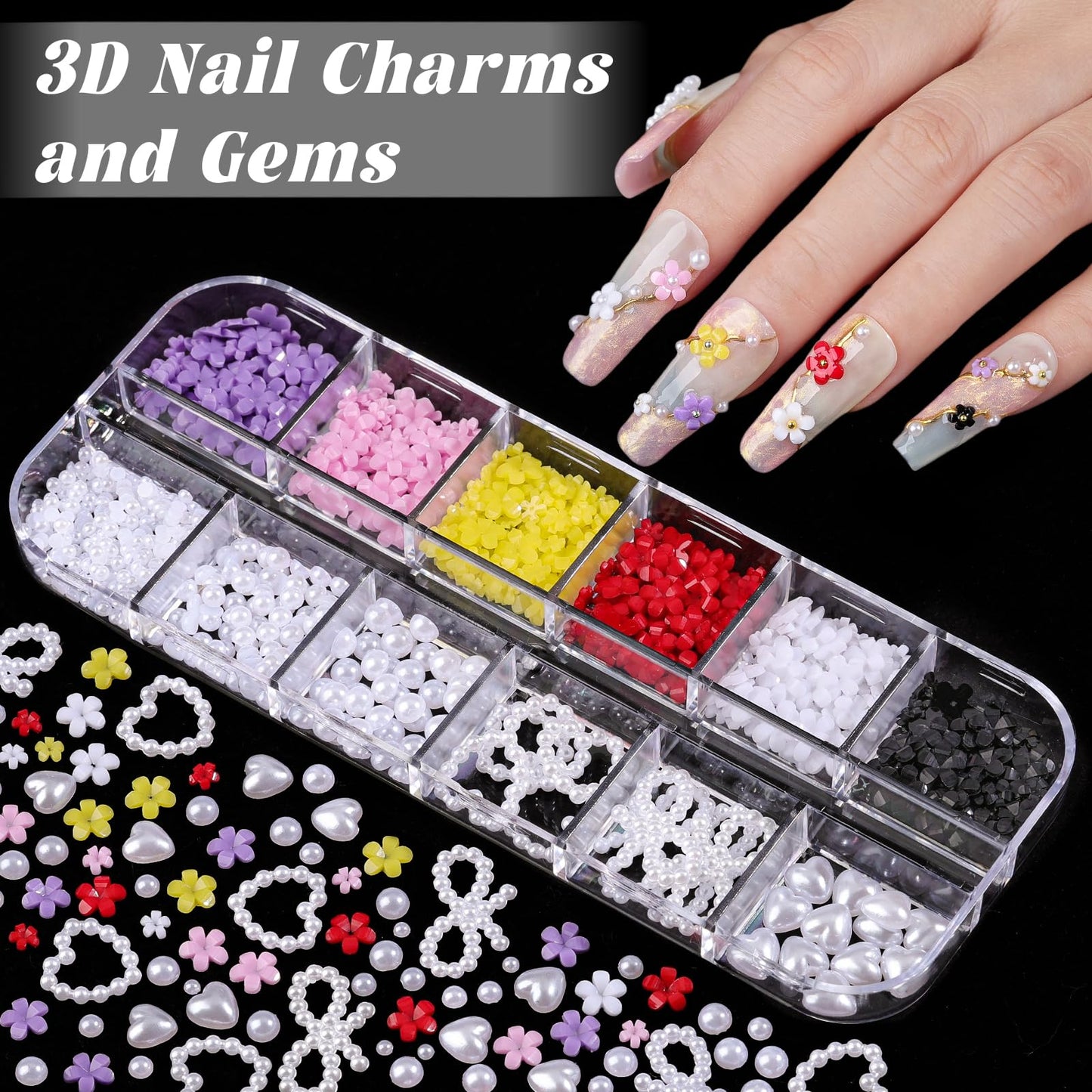 Nail Charms and Gems, Nail Art Kit with 30 Sheets Flower Nail Stickers, 6 Boxes 3D Nail Charms Colorful Clear Flatback Rhinestones Pearls, Diamonds,Picker Tools,Beads Pearls for Nails Art
