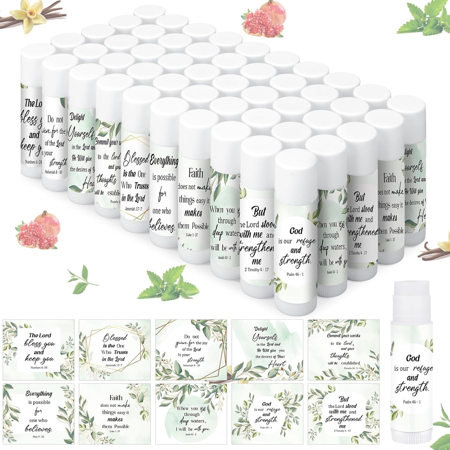 Christian Lip Balm Bulk - 50 Pcs Inspirational Bible Verses | Eucalyptus Flavor for Gifts & Party Favors