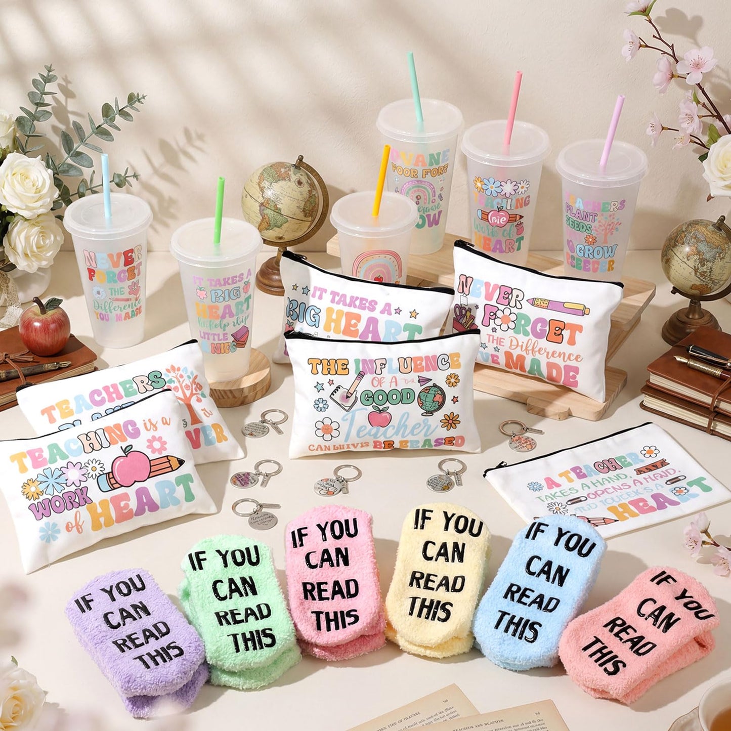 Funnymoom 24 Pcs Christmas Gifts Set Include 24 oz Merry Christmas Plastic Tumbler Cup with Lids and Straw Makeup Cosmetic Bag Candy Cane Crew Sock Keychain for Xmas Winter Friendmas Gifts