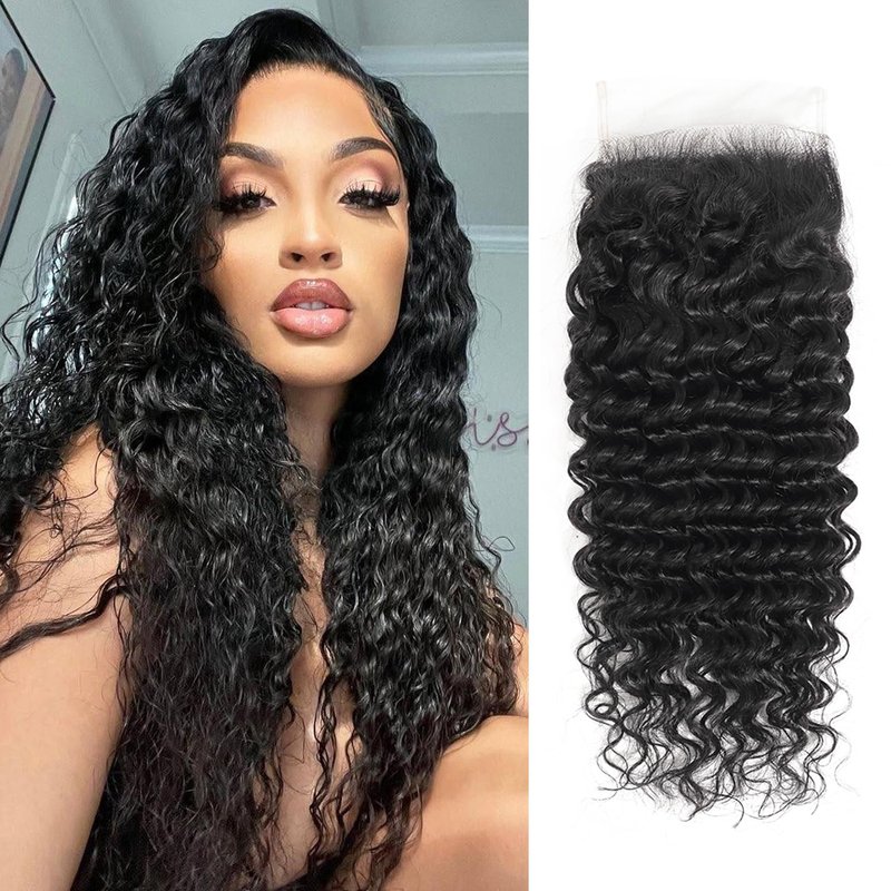 Human Hair Deep Wave Closure 12 Inch Invisible Ultra-thin 5x5 HD Lace Closure Deep Curly Brazilian Raw Virgin Human Hair Closure for Women Natural Black