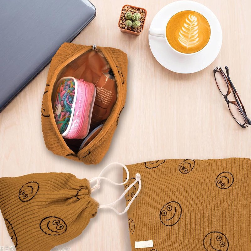 Corduroy Cosmetic Bag Set - 4 Pcs Aesthetic Toiletry Organizer | Small Drawstring Makeup Pouch