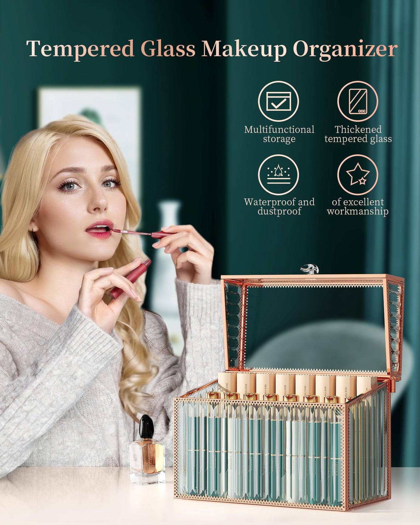Youdepot Lipstick Organizer Lipstick Holder - 24 Spaces, Tempered Glass Lip Gloss and Perfume Organizer,Vanity Lipstick Holder and Organizer.