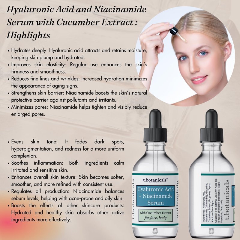 Pure Hyaluronic Acid and Niacinamide Serum with Cucumber Extract 2/4/8 oz. Minimize Pores Helps to Eliminate Fine Lines Plumping Anti-Aging Face Skin Intense Hydrating and Moisturizing (4 oz.)