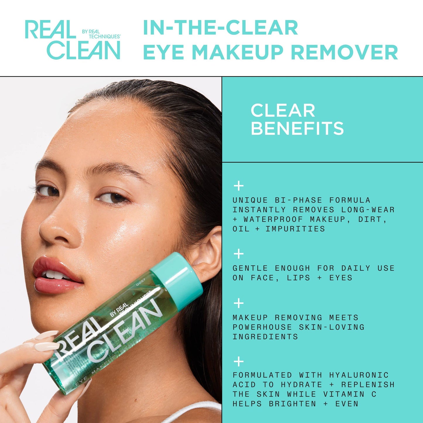Real Techniques Real Clean In-The-Clear Eye Makeup Remover, Gentle Liquid Makeup Remover, Skin Repair Ingredients, Hyaluronic Acid & Vitamin C, Vegan & Cruelty-Free, 4 fl.oz./110 mL Bottle (Pack of 2)