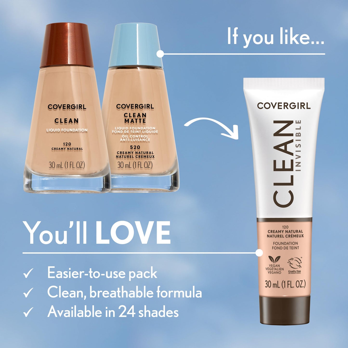 COVERGIRL Clean Invisible Foundation Makeup, Dewy & Glowy Finish, Buildable Coverage, Skin-Like Smooth Look, Vegan, Creamy Natural, 1oz