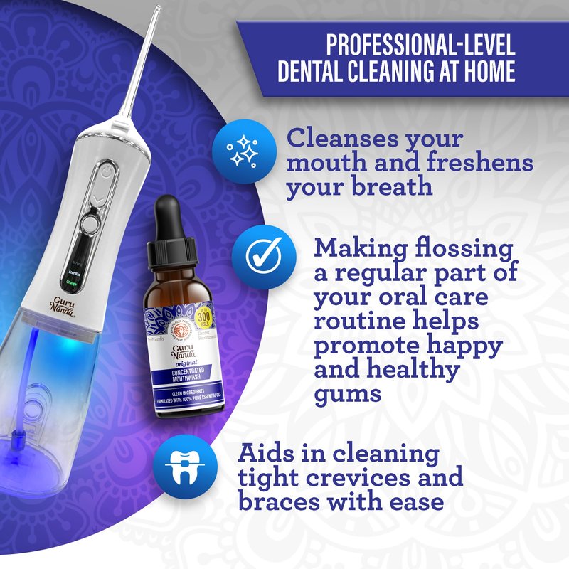 GuruNanda Gums of Steel Kit – Advanced Dental Water Flosser (UV Mode), Concentrated Mouthwash, Cocomint Pulling Oil, Butter on Gums Toothbrush & Tongue Scraper for Overall Oral Hygiene