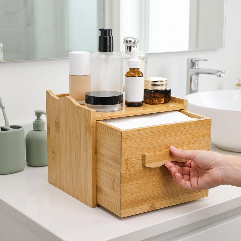 Jucoan Bamboo Towel Container with 50 Count XL Disposable Face Towel, Bamboo Storage Box with Drawer for Makeup Remover Dry Wipes, Disposable Washcloths, Bathroom Desktop Organizer