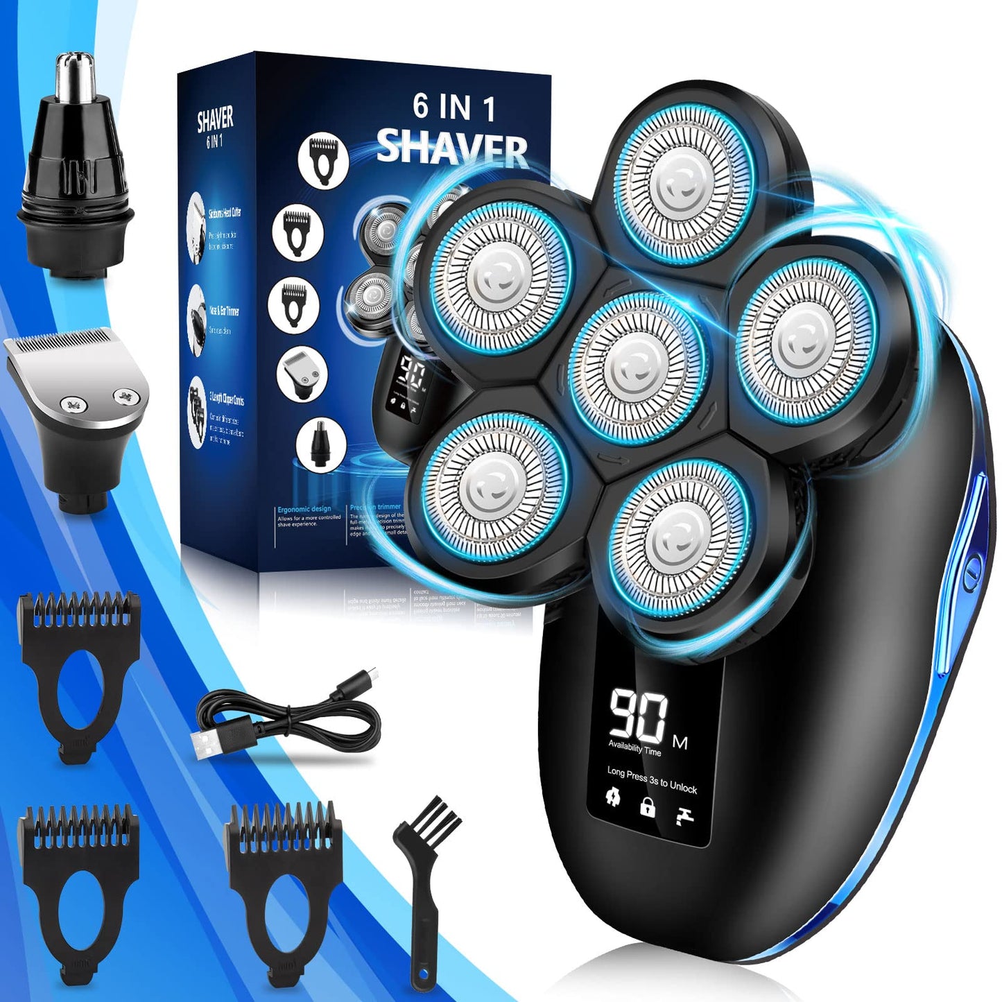 Sakioo Head Shaver, Upgrade 6 in 1 Electric Head Shaver for Bald Men, IPX7 Waterproof Cordless Rotary Razor with LED Display, Face Head Shaver with Nose Hair Sideburns Trimmer