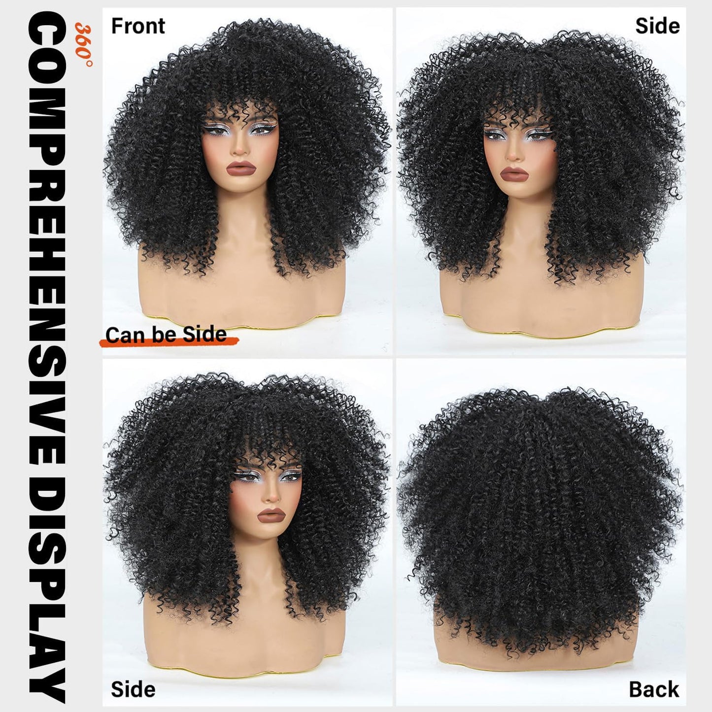 HILYBAE Curly Wig Afro Curly Wigs for Black Women Afro Kinky Curly Wig With Bangs Full and Fluffy Glueless Wig Synthetic Hair Replacement Wigs for Cosplay and Daily