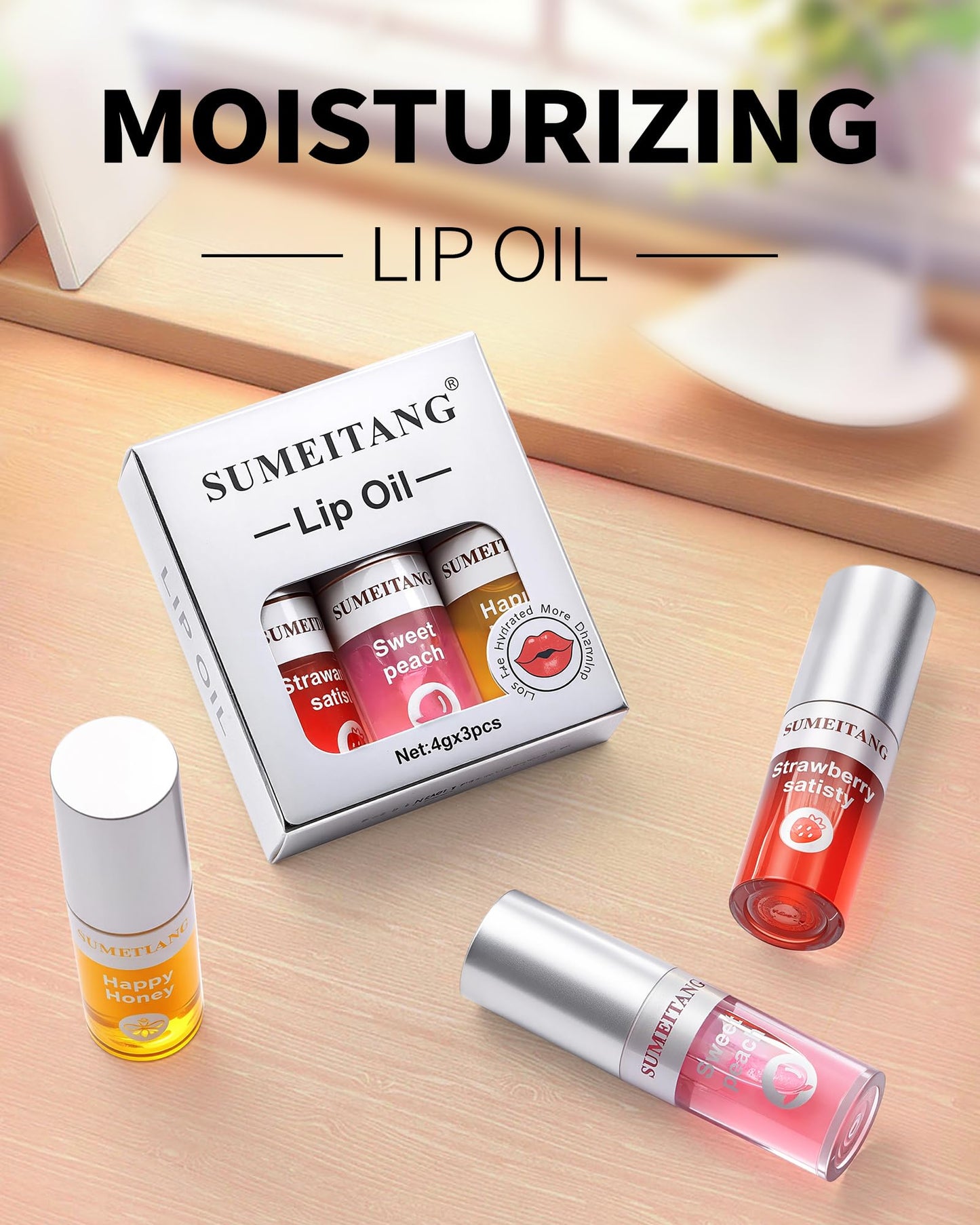 SUMEITANG 3Pcs Hydrating Lip Oil Set，Non-sticky Lip Oils Gloss Lip Balm Lip Care，Deeply Nourishing and Repairing Prevents Lips Chapped and Lighten Lip Lines(Honey，Peach，Strawberry)