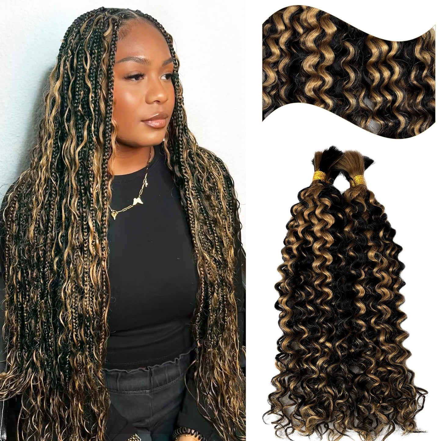 Boho Human Hair for Braiding Curly #1B/27 Highlight Honey Blonde Human Hair for Boho Braids Two Bundles 100G No Weft Water Wave Bundles Natural Black and Blonde Highlight Curly Braiding Hair 18 Inch