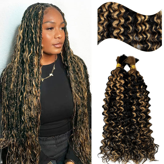 Boho Human Hair for Braiding Curly #1B/27 Highlight Honey Blonde Human Hair for Boho Braids Two Bundles 100G No Weft Water Wave Bundles Natural Black and Blonde Highlight Curly Braiding Hair 18 Inch