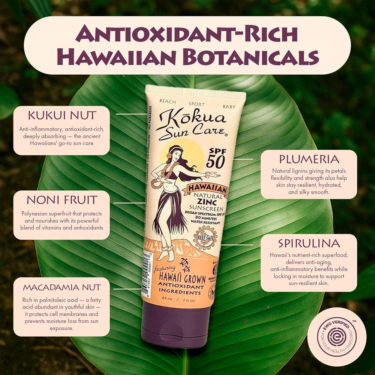 Hawaiian Sunscreen SPF 50 - Reef Safe Mineral Protection | 3 oz | Zinc Oxide | Moisturizing & Water Resistant
