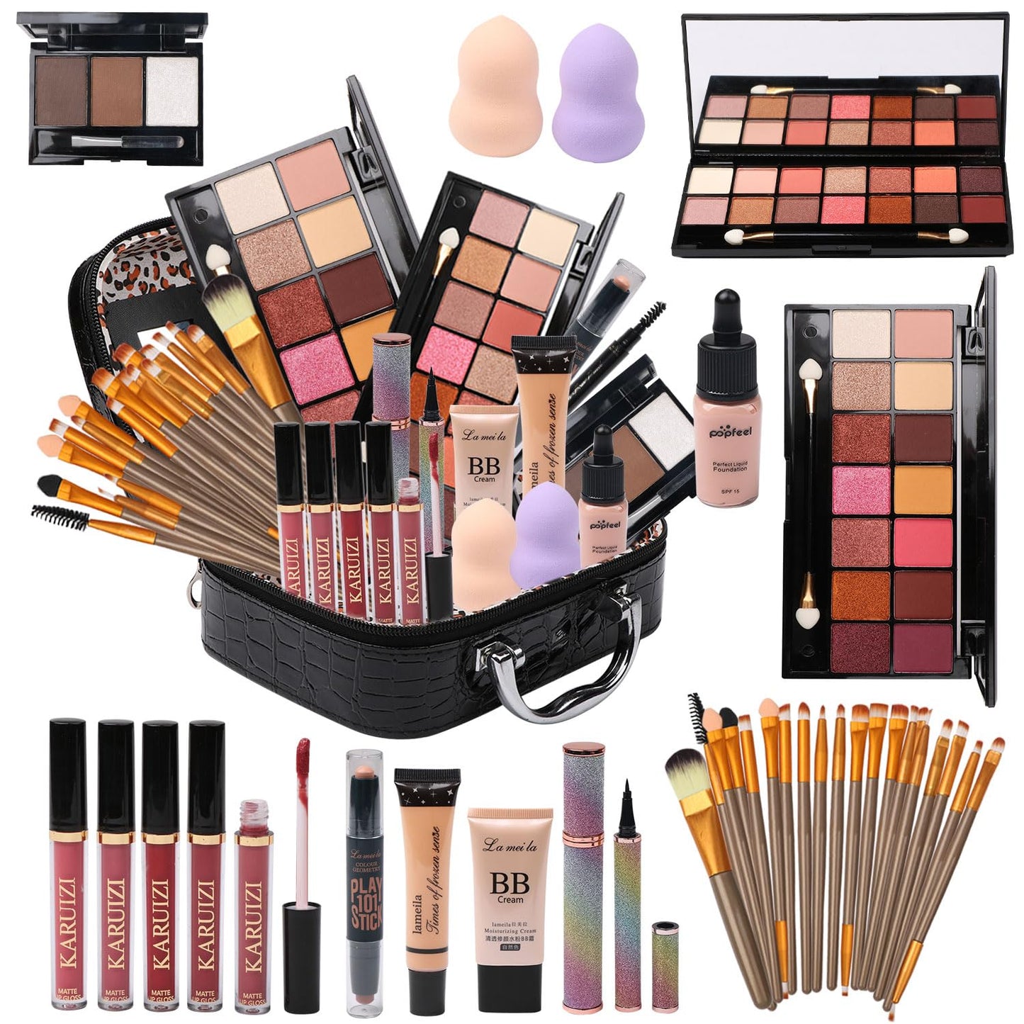 MTDXILTAI All in One Makeup Kit for Makeup storage bag 2X14 Colors Eyeshadow Palette Liquid Foundation Eyeliner Pencils Contouring Stick Lip Gloss 20Pcs Make up Brushes For Women Girls Teens (Black)