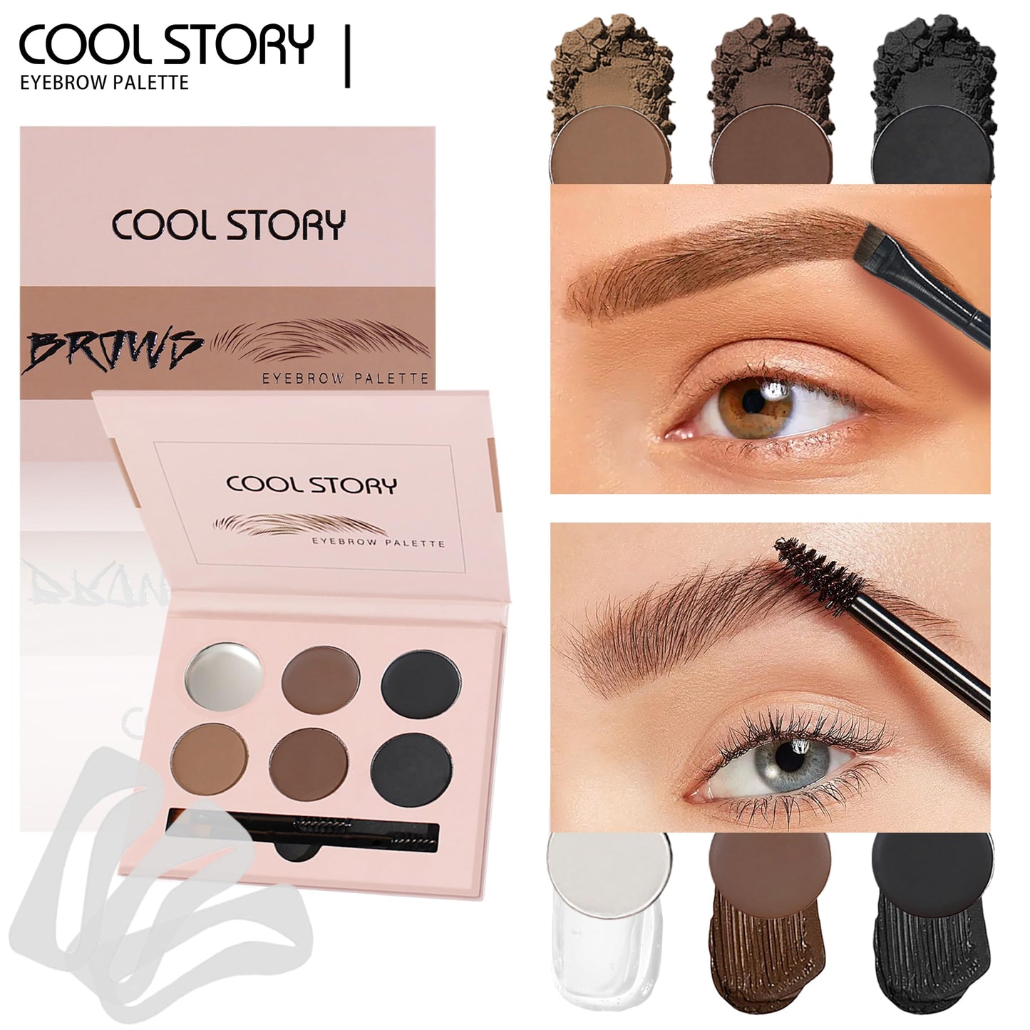 6‑Color Eyebrow Powder & Pomade Palette, Waterproof Long Lasting Brow Styling Kit with Clear Brow Gel, 10 Reusable Eyebrow Stencils & 2 Double‑Ended Brushes, Natural Brow Shaping Makeup for Beginners