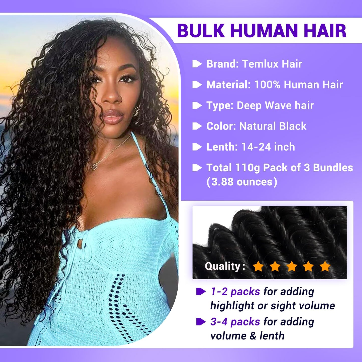 Human Braiding Hair for Boho Braids 110g Deep Wave Boho Bulk Human Hair for Braiding Knotless 12A Wet and Wavy Bohemian 3 No Weft Bundles/Pack Curly Braids Natural Color 14 Inch