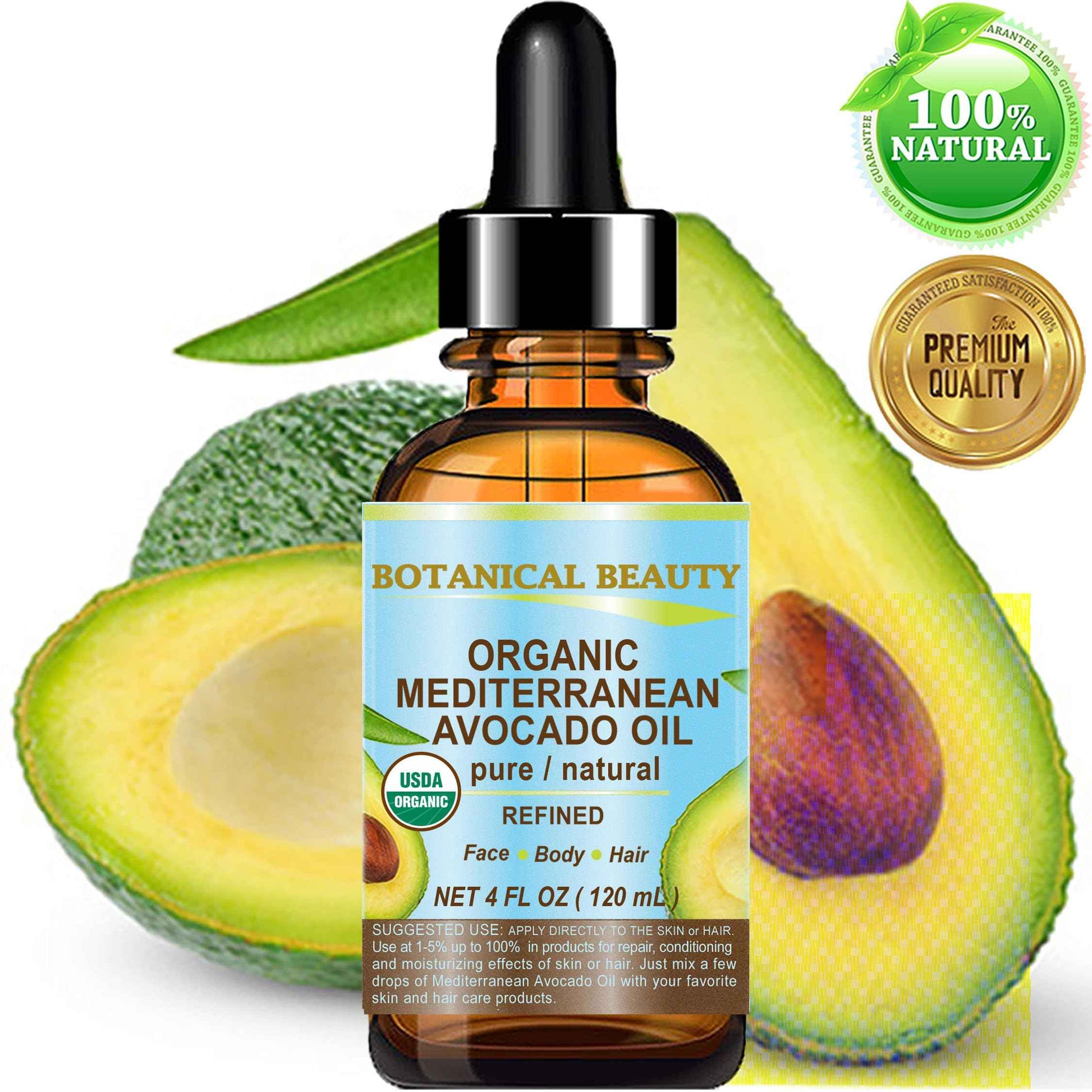 Botanical Beauty Italian ORGANIC AVOCADO OIL 100% Pure Natural Refined Undiluted Cold Pressed for Face, Body, Feet, Hair, Massage and Nail Care. 4 Fl. oz-120 ml.