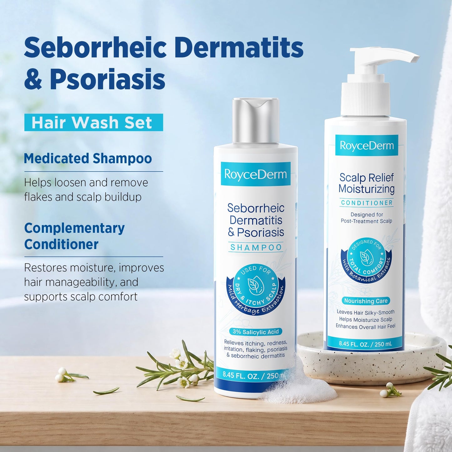 Roycederm Seborrheic Dermatitis & Psoriasis Shampoo and Conditioner Set - Effective Scalp Treatment for Folliculitis, Psoriasis, Dandruff, Dry Itchy Scalp - Soothing, Moisturizing Herbal Formula