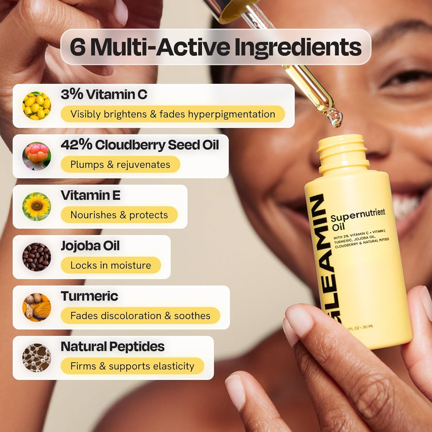 Gleamin Supernutrient Facial Oil - 3% Vitamin C & Jojoba Oil for Hydration | Lightweight, Fragrance-Free, 1 Fl Oz