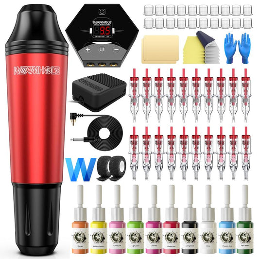 Wormhole Complete Tattoo Kit for Beginners Rotary Tattoo Pen Machine Kit with 20 Cartridge Needles, Power Supply, 10 Practice Inks Ideal Starter Tattoo Gun Set for Apprentices & Skill Building