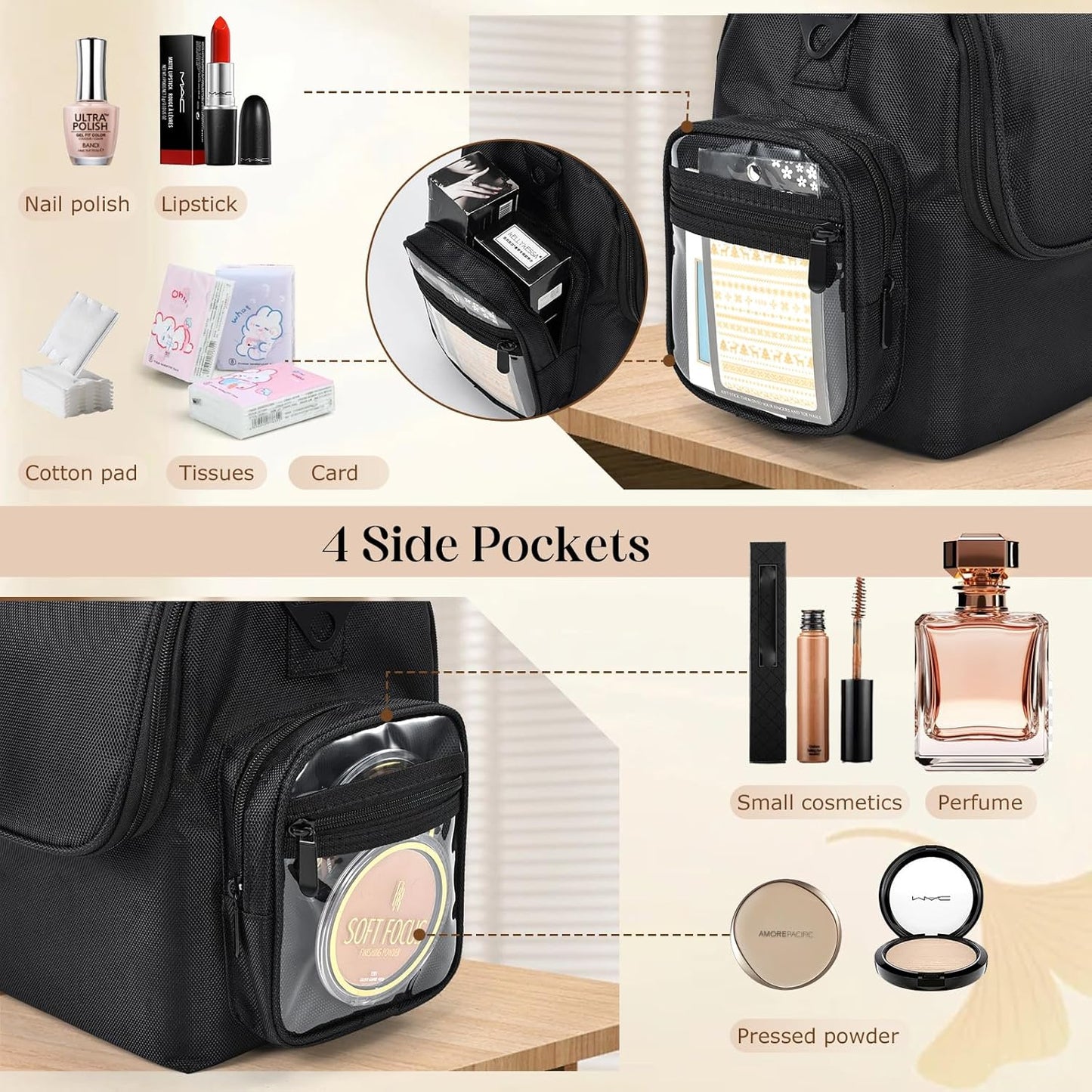 Professional Makeup Bag - Large Cosmetic Organizer with Brush Holder & 4 Clear Bags | Travel Storage with Shoulder Strap & Dividers
