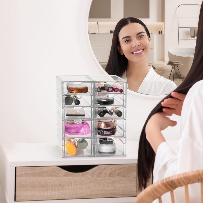 Makeup Organizer - 10-Drawer Acrylic Storage for Makeup, Office, Jewelry | 2 Clear Stackable Bins