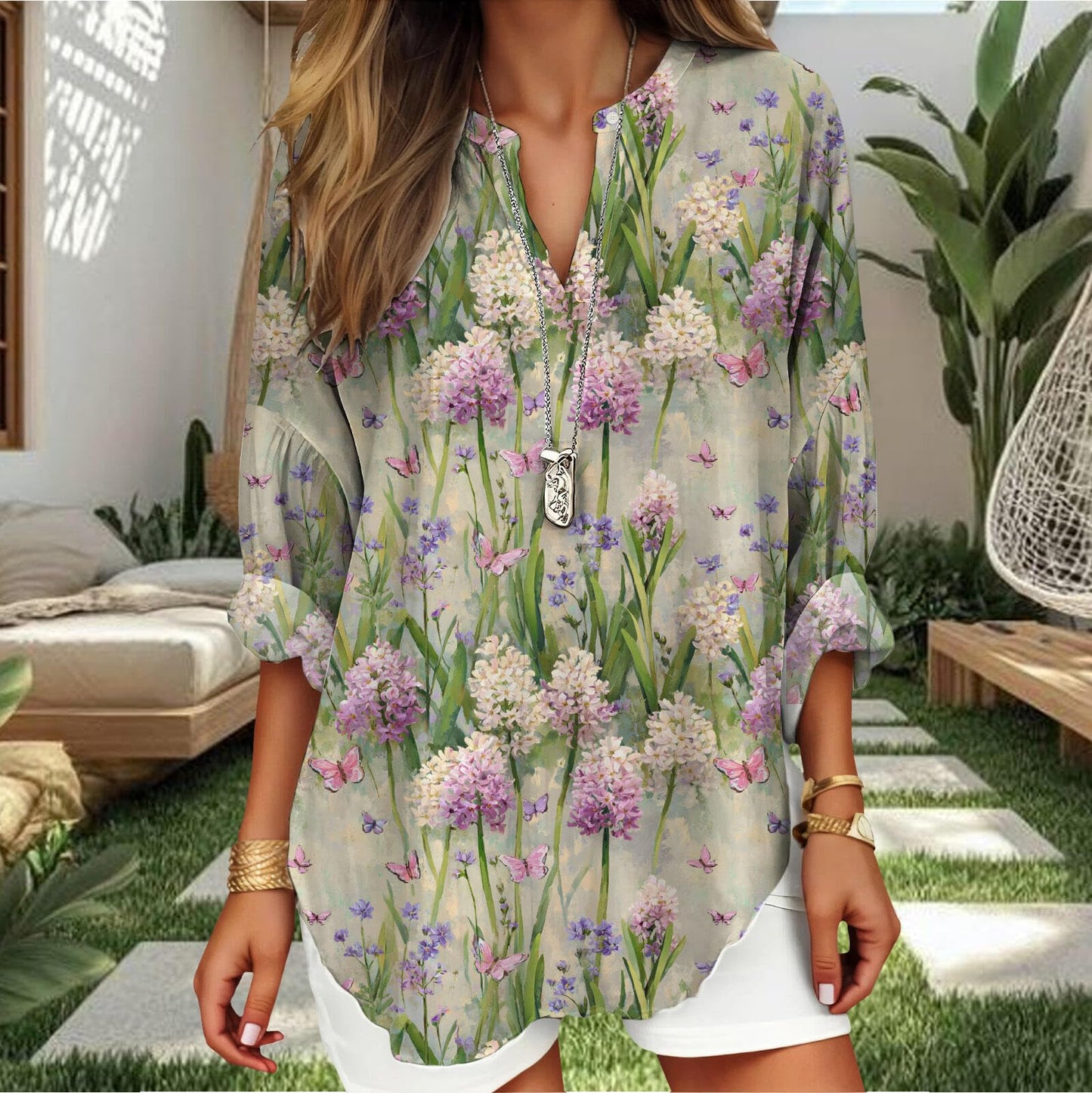 Purple Lavender Shirt for Womens Vintage Long Sleeve Curved Hem V Neck Casual Lightweight Loose Oil Painting Printed Shirts 2025 Trendy Work Tops 2XL