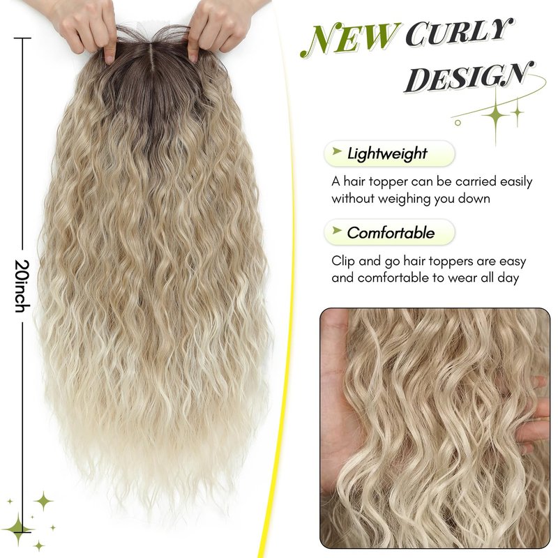 Curly Hair Topper 20inch Natural Curly Hair Toppers for Women with Thinning Hair, Lightweight & Breathable Wiglets for Thinning Hair, Full Coverage, Perfect for Daily Use, Styling, Cosplay