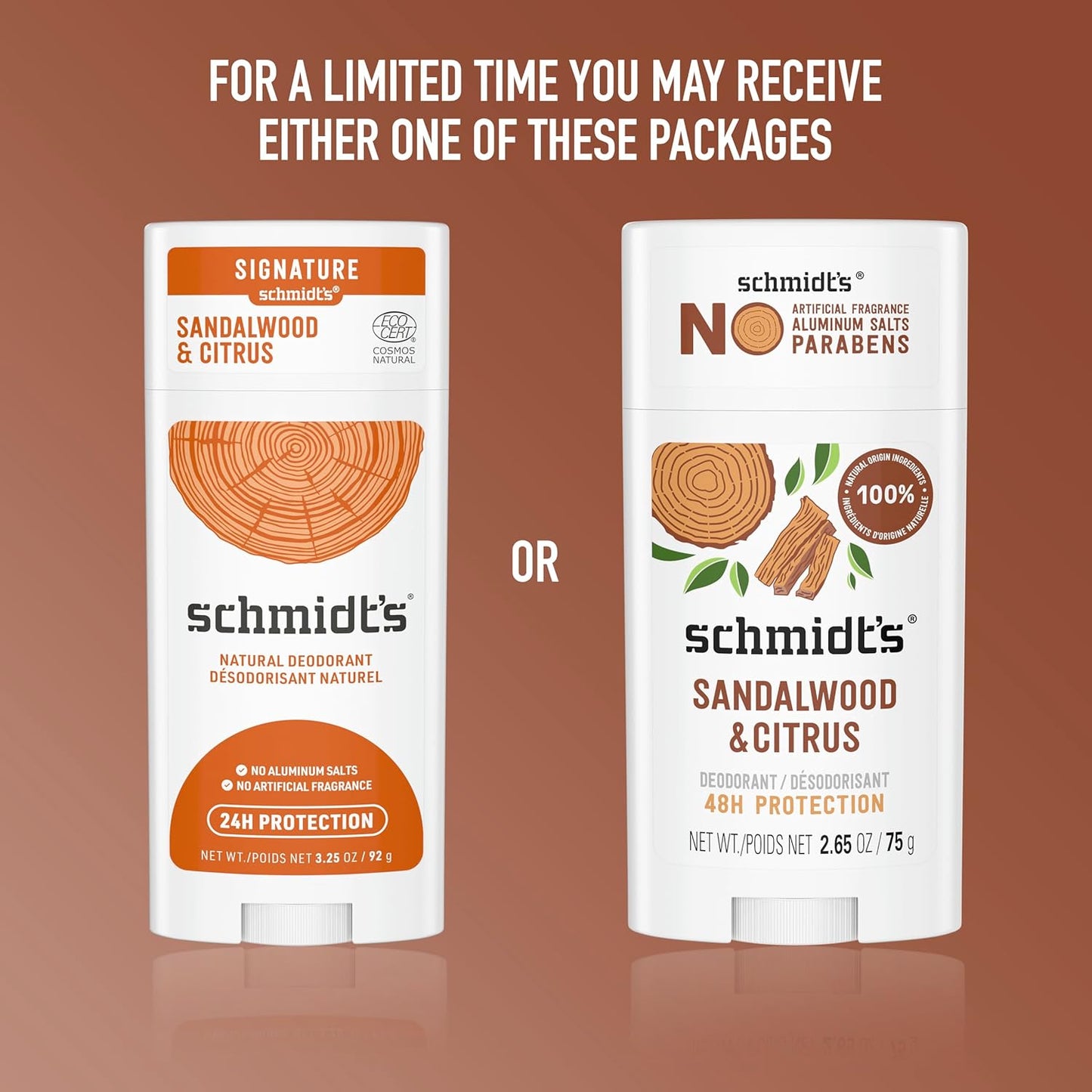 Schmidt's Vegan Deodorant - Aluminum-Free Sandalwood & Citrus | 24-Hour Odor Protection, 2.65 oz
