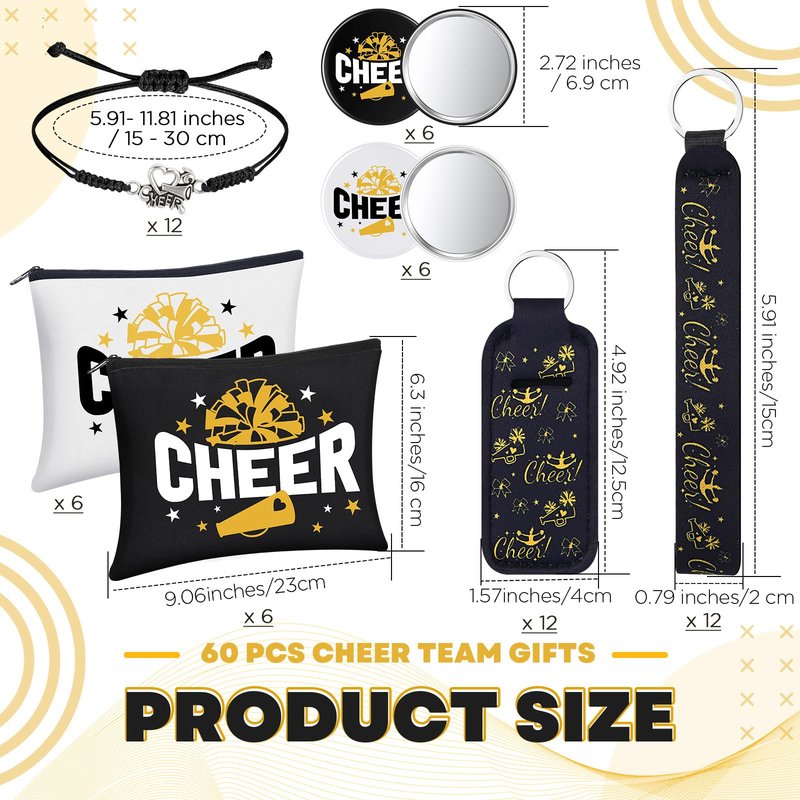 Sunnymove 60 Pcs Cheerleader Gifts Bulk Cheer Team Gifts for Women with Cheerleader Cosmetic Bags Makeup Mirror Bracelets Lipstick Holder Keychains Lanyard Cheer Team Party Favors(Black Gold)