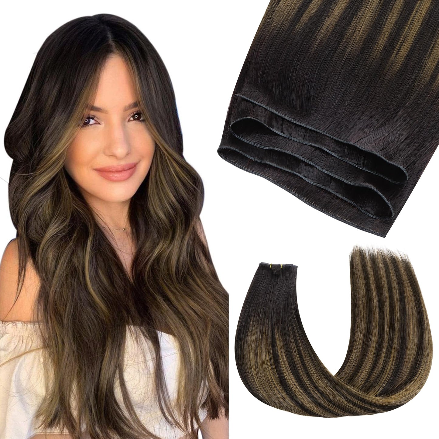 GOO GOO Genius Human Hair Sew-In Extensions, Rooted Remy Weft, 2/6/2 Balayage Dark Brown To Chestnut Brown, 14 Inch, 40g, Hand-Tied