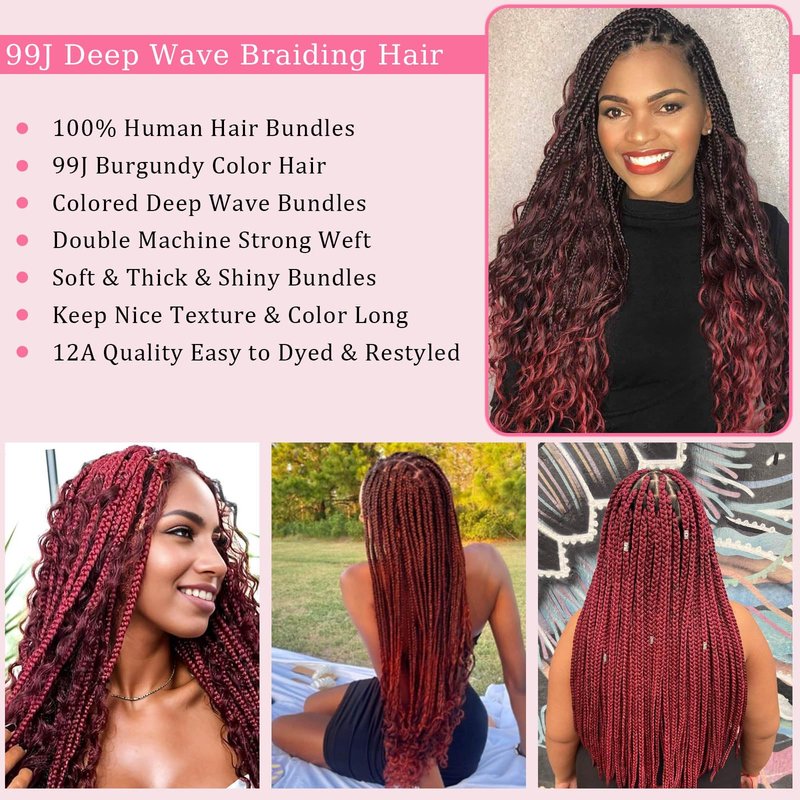 Habiliana Curly Burgundy Human Braiding Hair 2 Bundles Total 100g 16 Inch 99J Burgundy Bulk Bundles Braiding Brazilian Virgin Curly Human Hair Extensions for Boho Braids