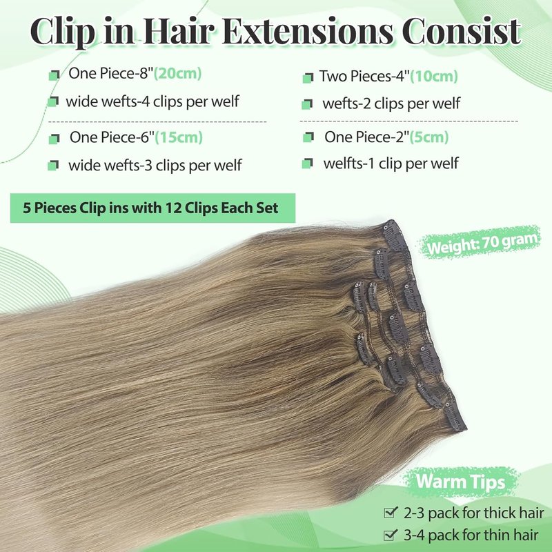 Real Human Hair Clip-In Extensions - 14 Inch Balayage Golden Brown Ombre | Soft Silky Straight, 70g, 5pcs