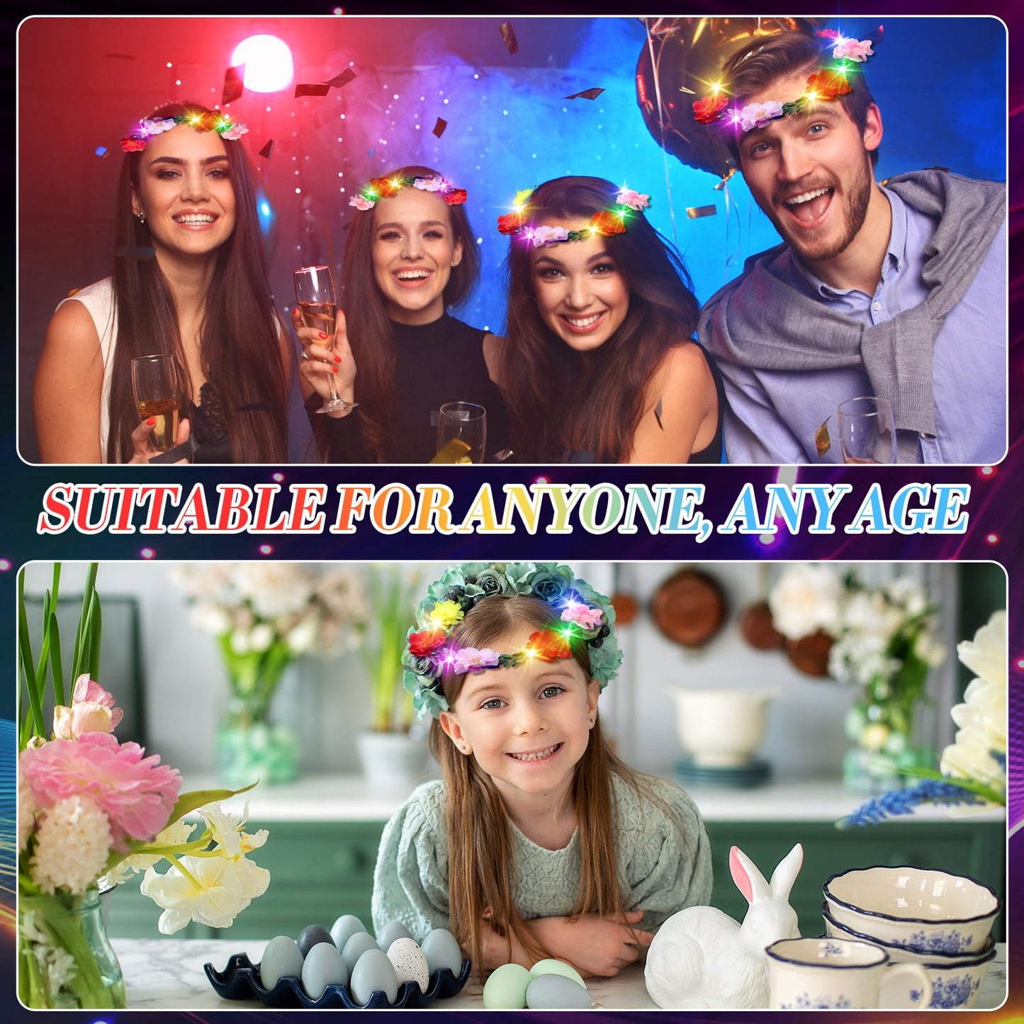 Syhood Summer Party Favor, 50 Pcs LED Flower Crowns Headbands, Light up Flower Crowns for Women, Glow in the Dark Headband for Cinco De Mayo Wedding Birthday Cosplay Princess Party Favors(Peony)