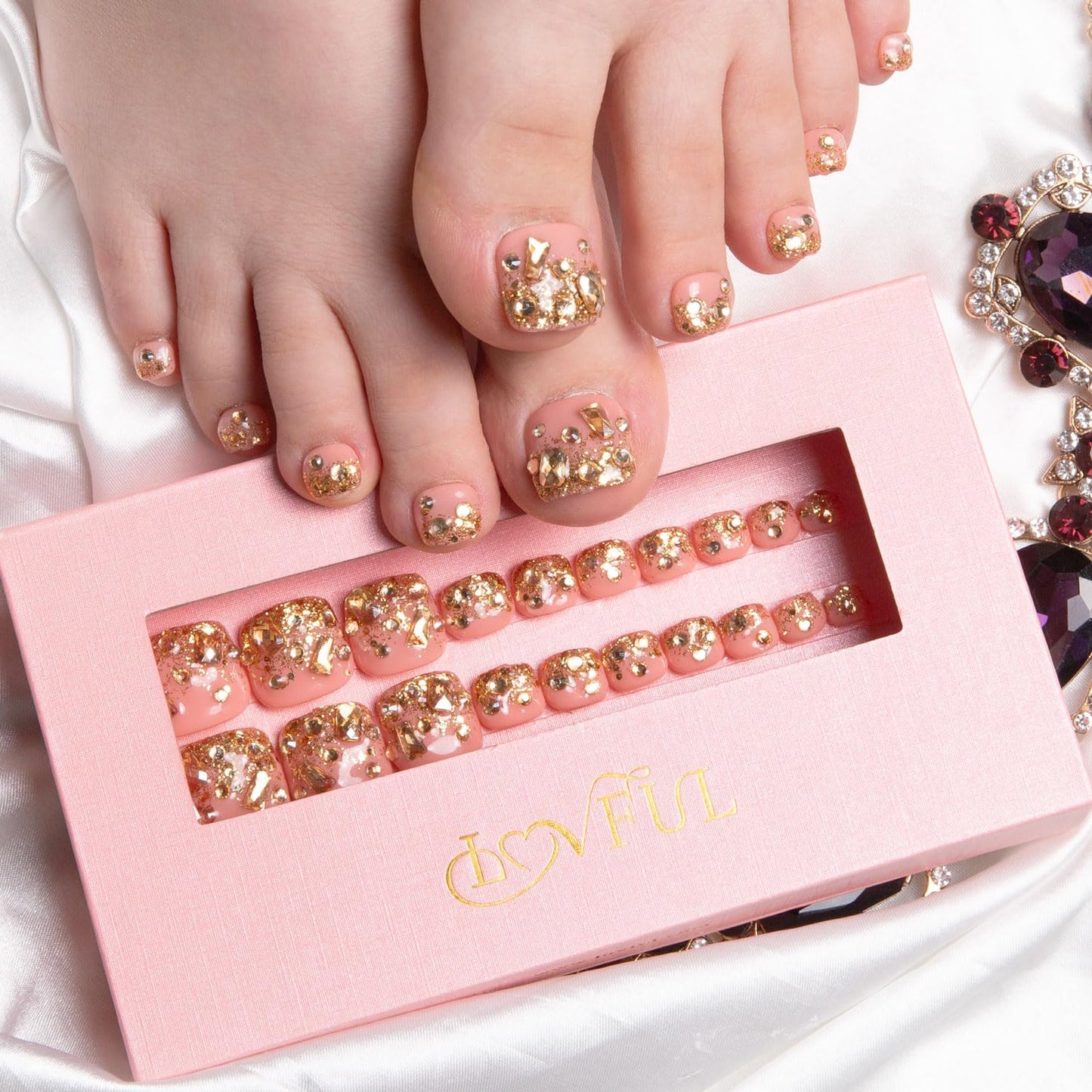LOVFUL Press on Toenails Golden Glitter | 20 PCS Free Size Toe Nails | Reusable Fake Nails for Toe | T84