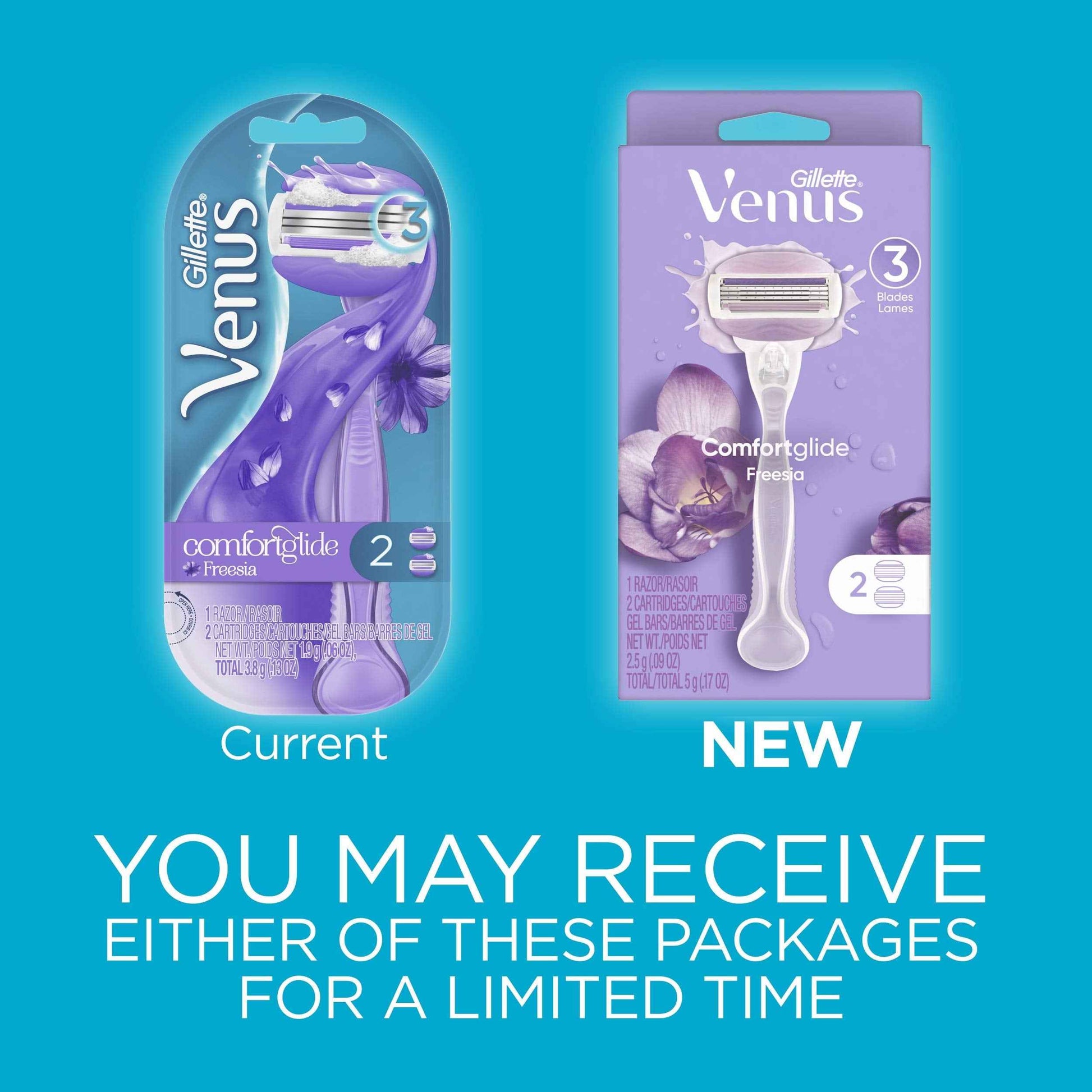 Gillette Venus ComfortGlide Freesia Women's Razor - 1 handle + 2 refills (Pack of 2)