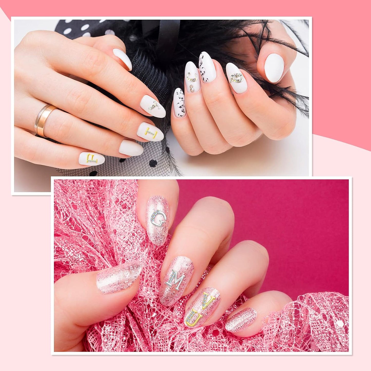 Gold & Silver 3D Letter Nail Charms - 104 Pcs Rhinestone Crystal Alphabet Decals for DIY Fingernail Art