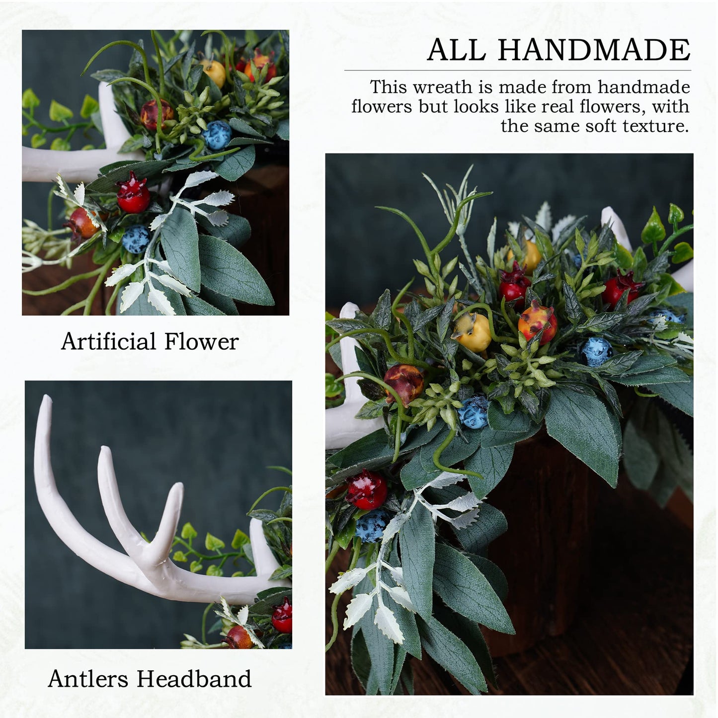 MOSTORY Handmade White Antler Headband with Green Leaves - Woodland Deer Horns Hairband Forest Reindeer Headpiece with Fruits for Women Girls Renaissance Hallowen Cosplay Photo Shoot