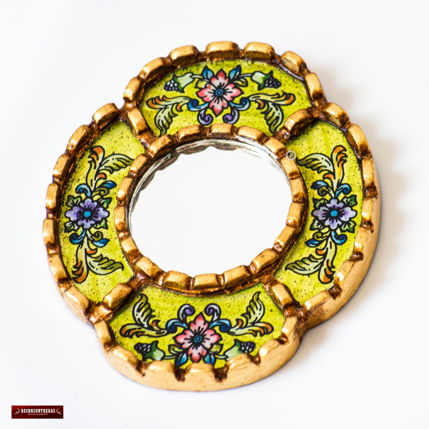DecorContreras Small Oval Wall Mirror for Home Decor - Handmade Reverse Painted Glass Mirror with Frame Bronze Leaf from Peru