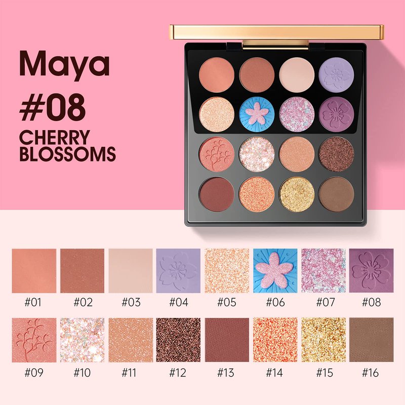 zeesea Egypt Eyeshadow Palette Maya Collection, Matte Shimmer Glitter Blendable High Pigmented 16 Shades Eye Makeup Palette (#08 CHERRY BLOSSOMS)