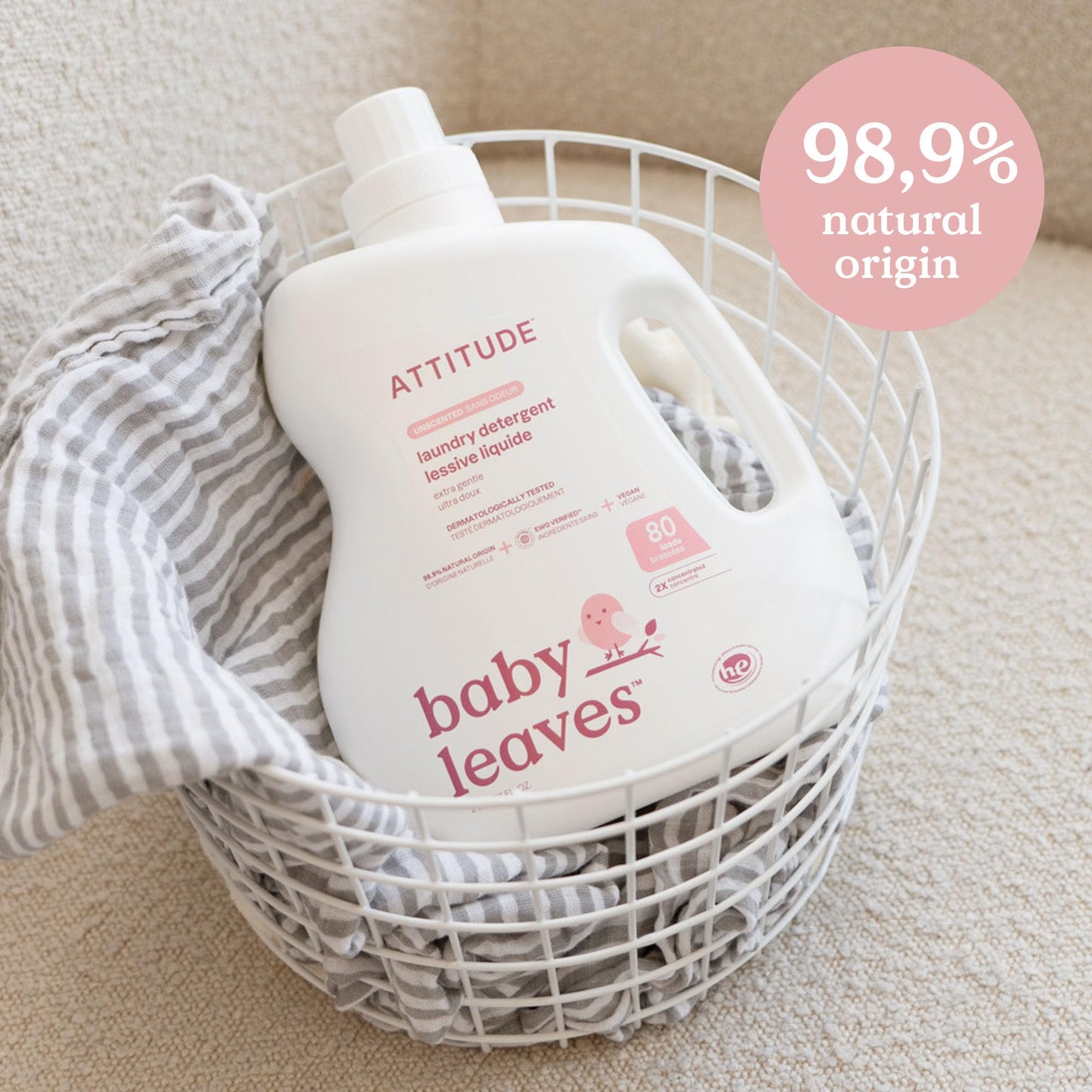 ATTITUDE Baby Laundry Detergent, Unscented HE Compatible Liquid, Extra Gentle, Concentrated, EWG Verified, Dermatologist Tested, Vegan, 80 Loads, 67.6 Fl Oz