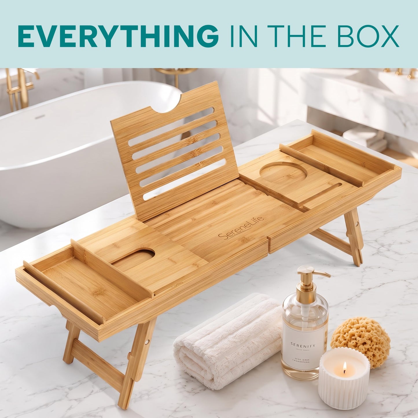 SereneLife Bath Caddy Breakfast Tray Combo - Natural Bamboo Wood Waterproof Tub and Bed with Folding Slide-Out Arms, Device Grooves, Wine Glass Soap Holder