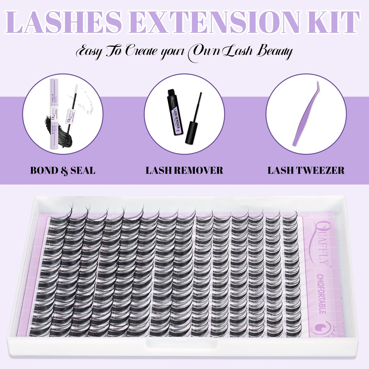 QUAFFLY Lash Extension Kit - 10-18mm Invisible Transparent Band Lashes with Bond&Seal & Remover and Tweezers for Easy Self-Application, Natural Wispy Cluster Extensions (D-Mix10-18mm kit)
