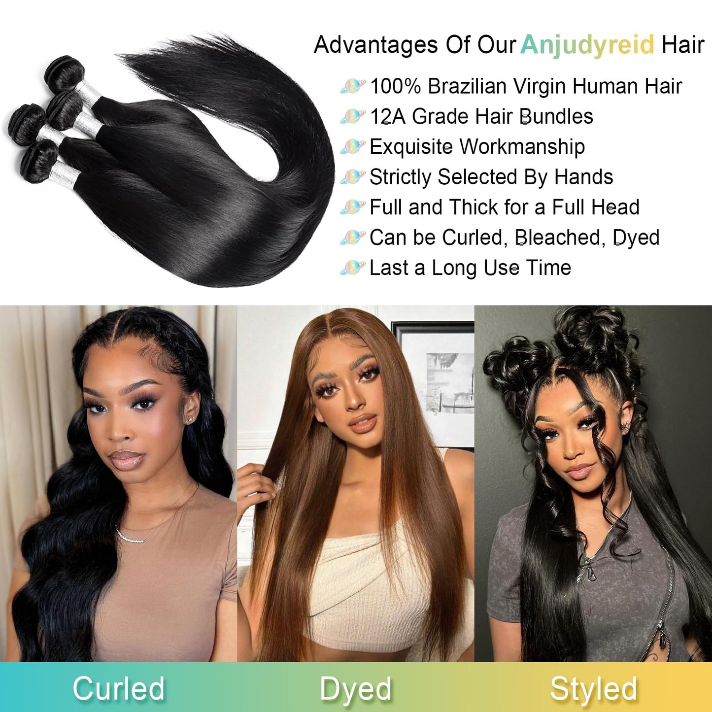 AnJudyReid Straight Hair Bundles 13A Brazilian Virgin Human Hair Bundles Straight 22 Inch 100% Unprocessed Virgin Hair Bundles Natural Black